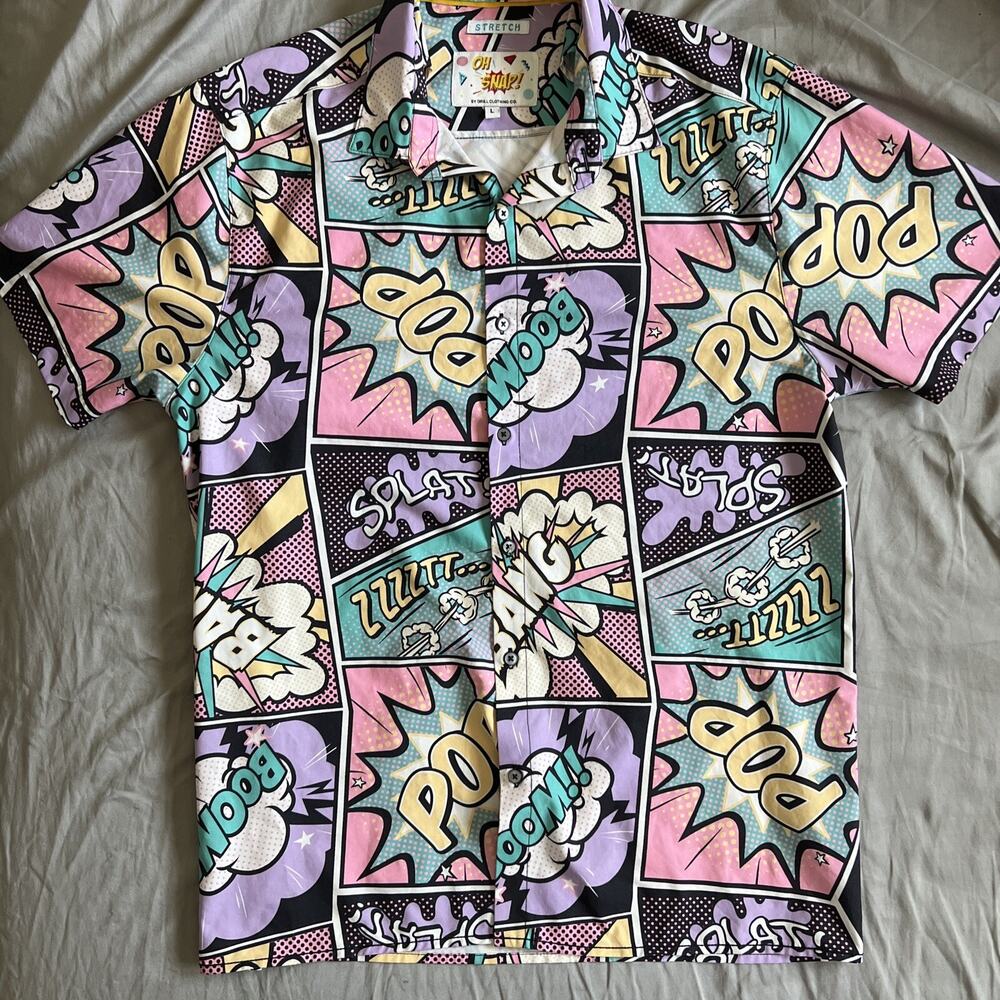 Oh Snap Stretch Short Sleeve Button Shirt Drill Clothing Retro Pop Art Size L